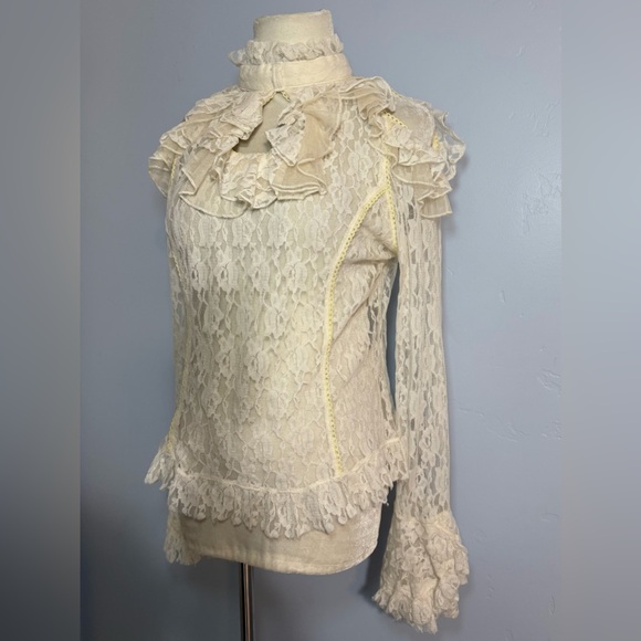 Cream Lace Ruffle Top with Cold Shoulders Fairycore Lolita Victorian - Picture 2 of 6